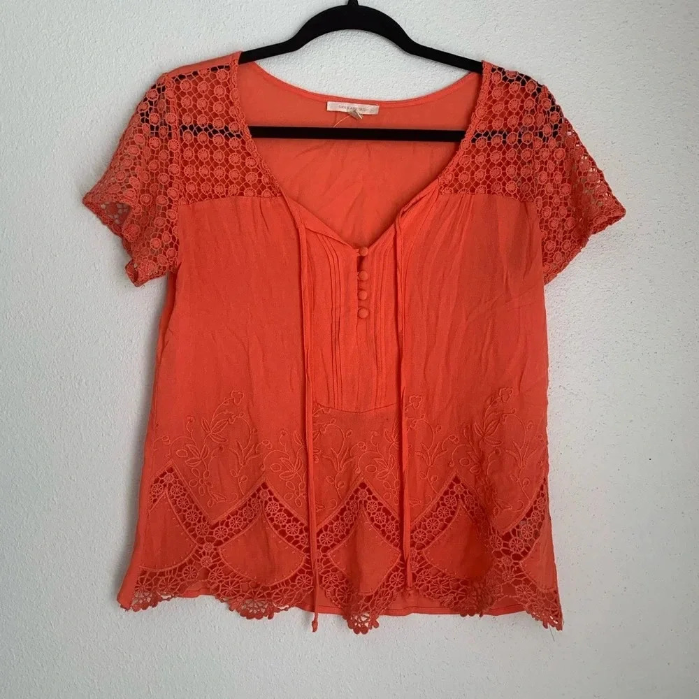 Skies are Blue coral eyelet crochet blouse